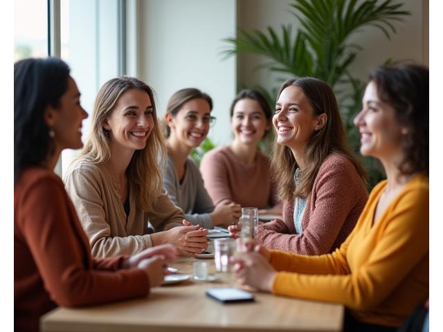 A diverse group of women, smiling and engaged in conversation, sitting together in a bright, inviting space, symbolizing community and mutual support.