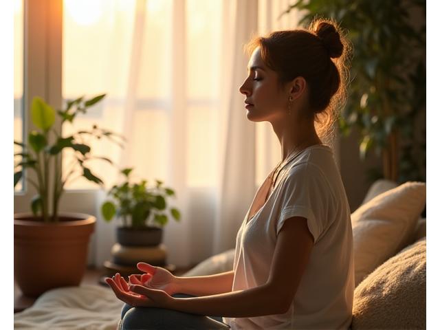 A woman meditating peacefully in a sun-dappled indoor space, surrounded by natural elements like plants and warm light, symbolizing holistic well-being.