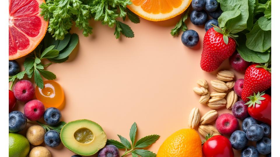 A vibrant collage of healthy foods (berries, greens, nuts) interspersed with images of a woman engaging in moderate exercise (walking, light weights), representing balanced nutrition and fitness.